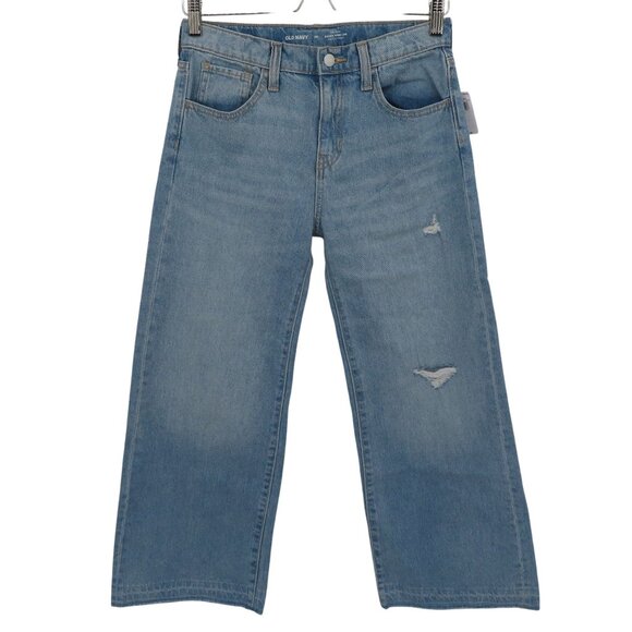 Old Navy Girls 14 High Rise Baggy Wide Leg Blue Denim Jeans Pants Distressed NEW - Picture 1 of 13